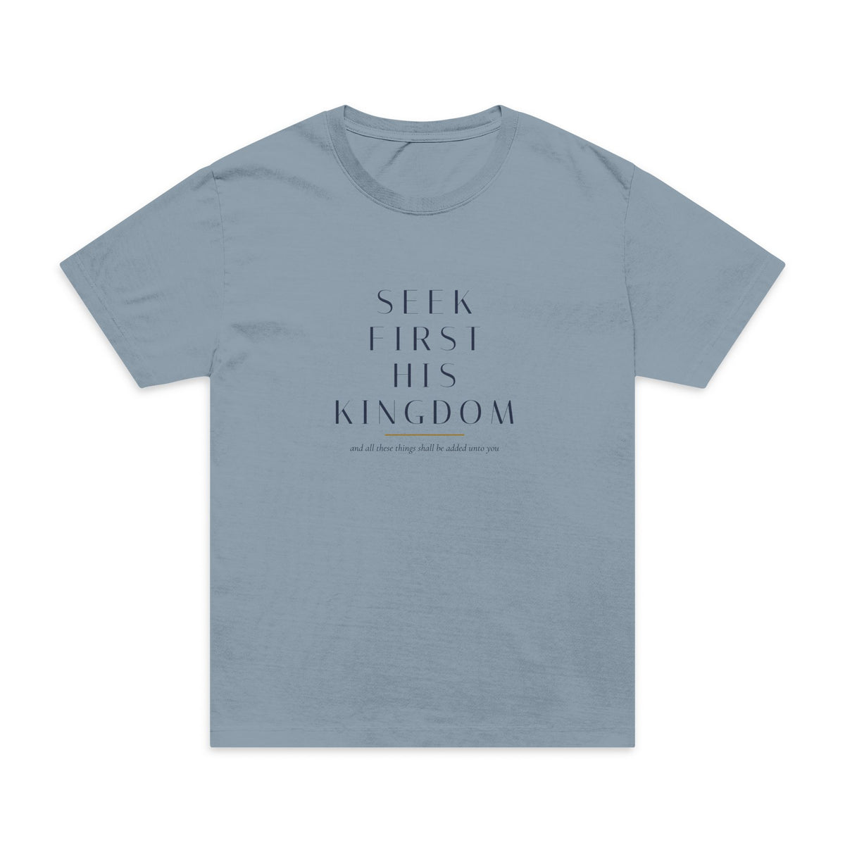 His Kingdom Oversized Tee, t-shirt, Light Washed Denim, front view, HIS KINGDOM., Matthew 6:33 (KJV)