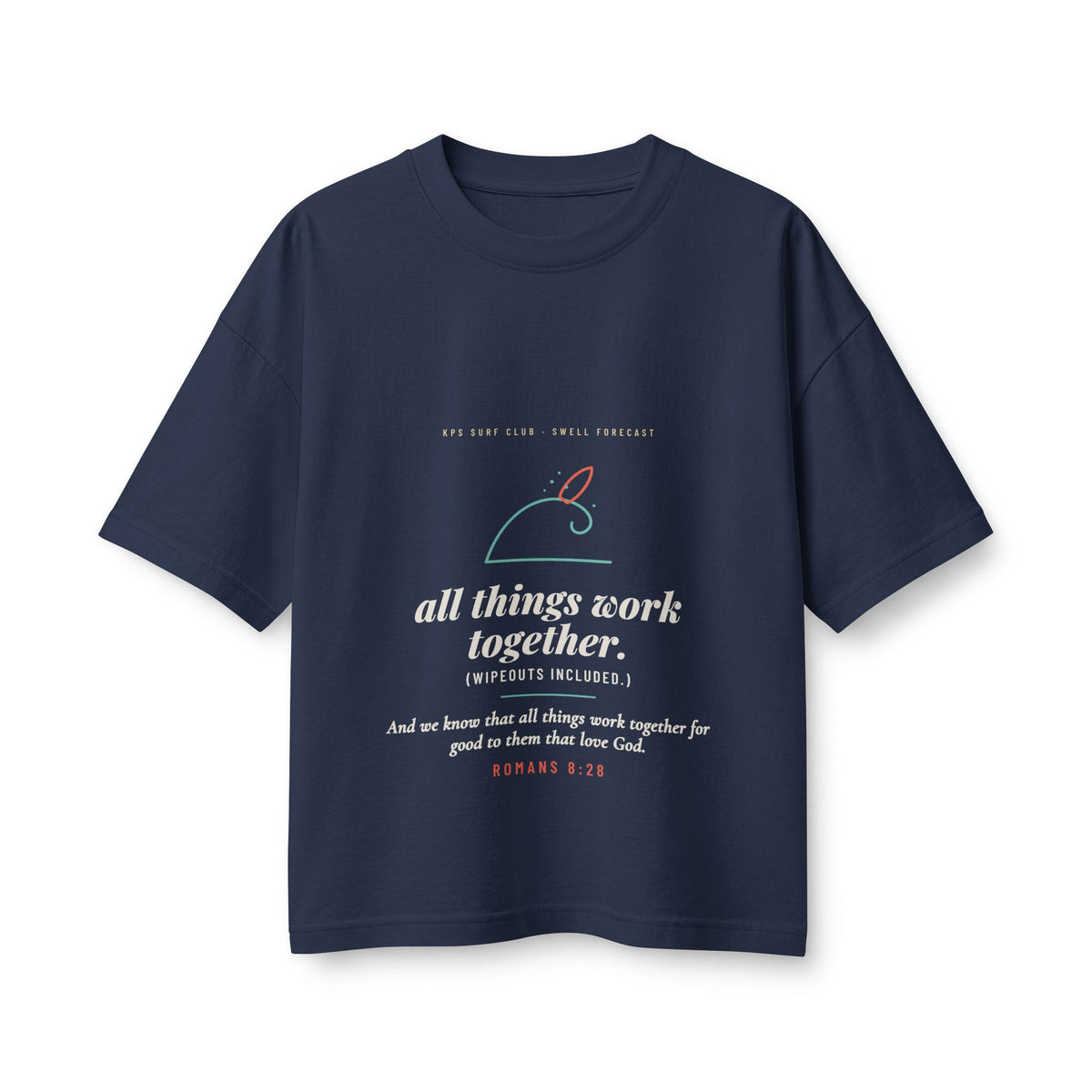 All Things Work Together Women's Boxy Tee, Navy, front view, ALL THINGS WORK TOGETHER. (WIPEOUTS INCLUDED.) Romans 8:28 (KJV)