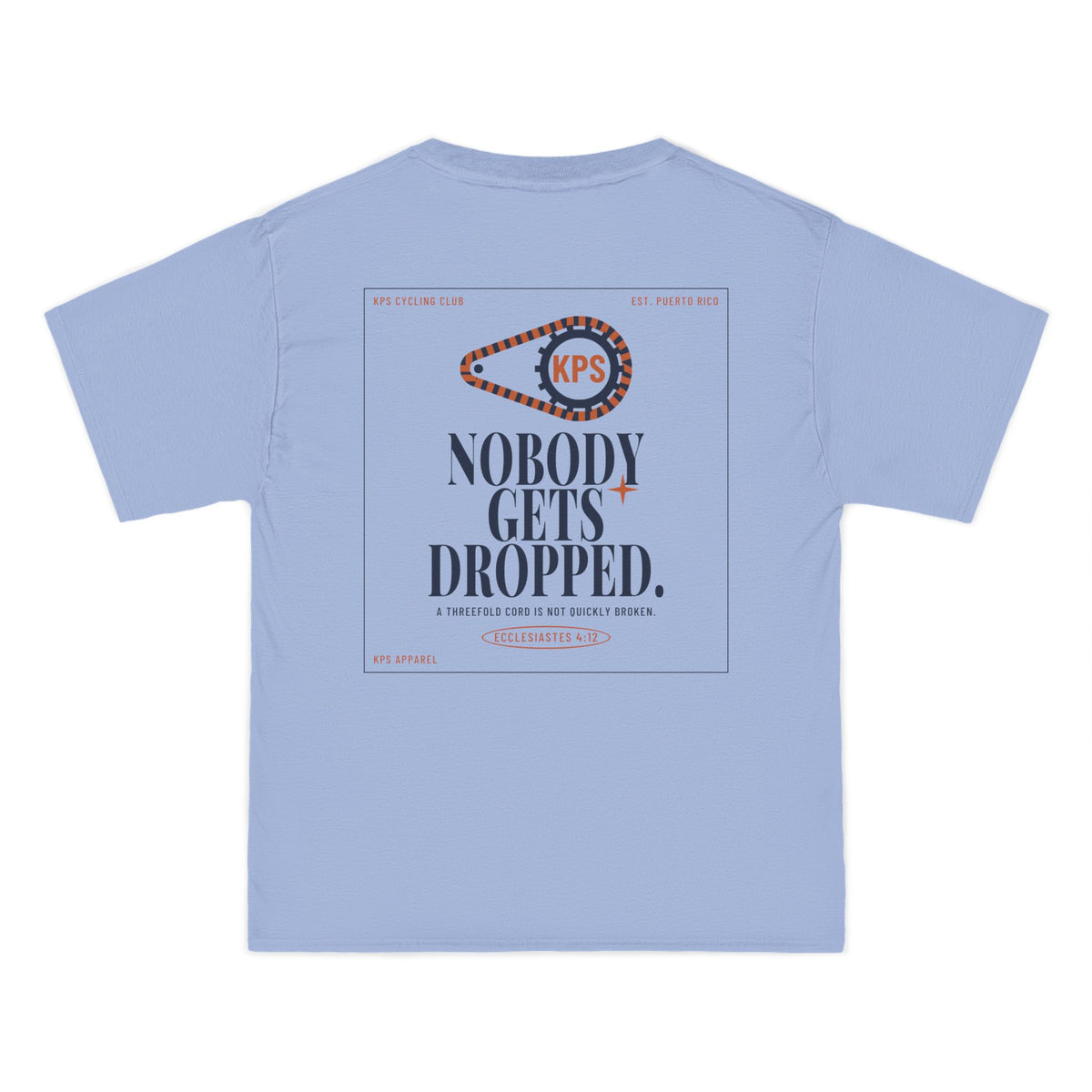 KPS Cycling Club Tee, Light Blue, back view, KPS CYCLING CLUB. Ecclesiastes 4:12 (KJV)
