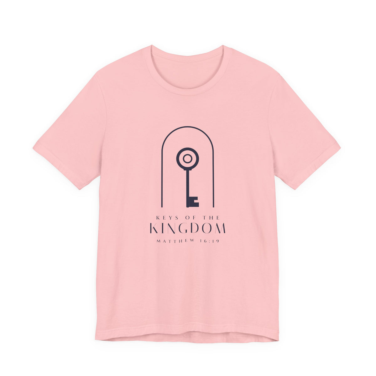 Keys of the Kingdom Tee, t-shirt, Pink, front view: key in an arch, KEYS OF THE KINGDOM and MATTHEW 16:19, all in navy, Matthew 16:19 (KJV)