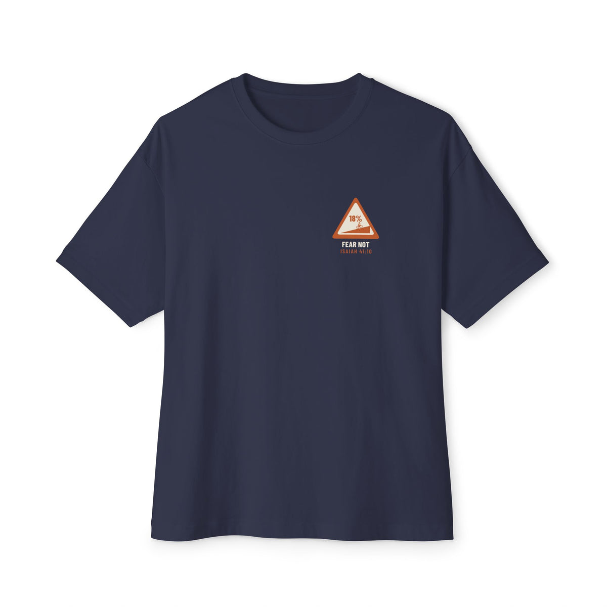 Fear Not the Hill Cycling Tee, Navy, front view, FEAR NOT THE HILL. (THE DESCENT IS ANOTHER STORY.) Isaiah 41:10 (KJV)