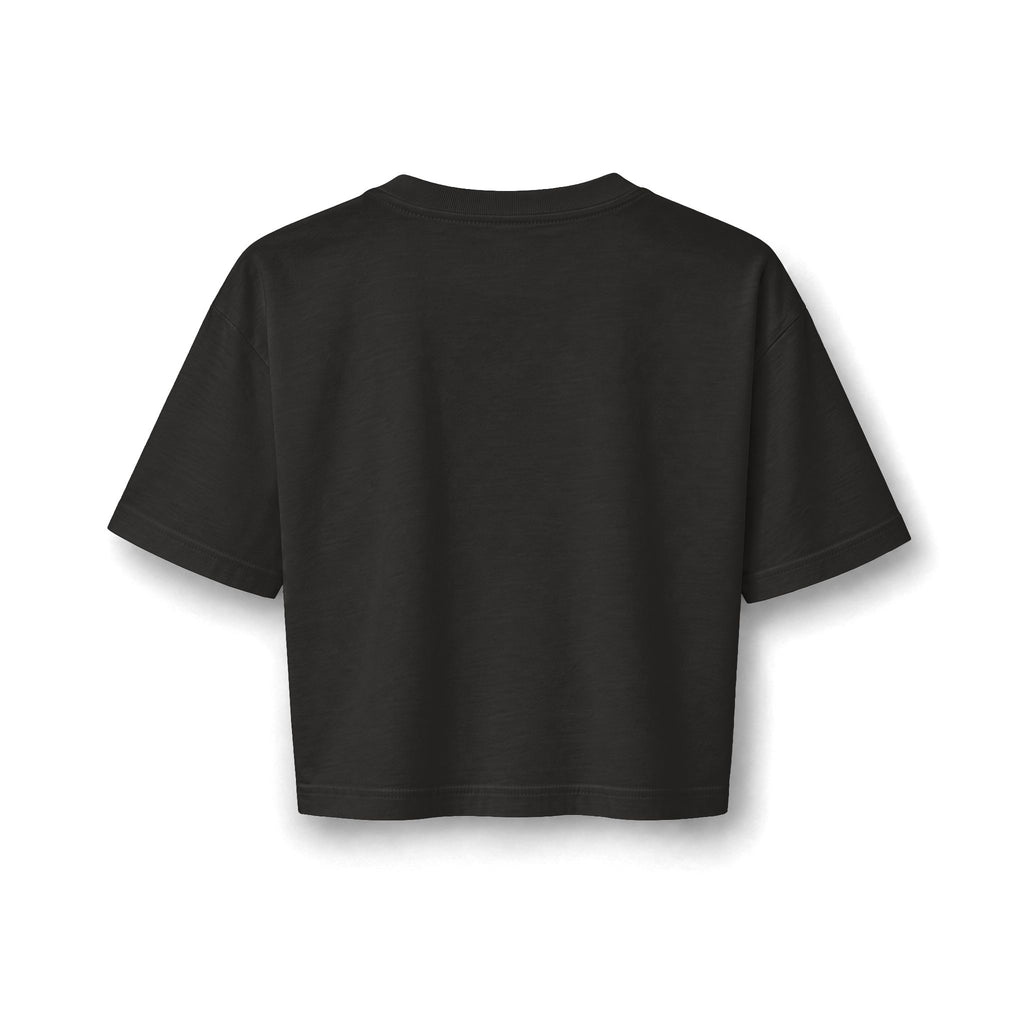 In Him Crop Tee, True Black, back view, IN HIM. MY STRENGTH IS IN HIM. DEFINITELY NOT IN MY KNEES. Habakkuk 3:19 (KJV)