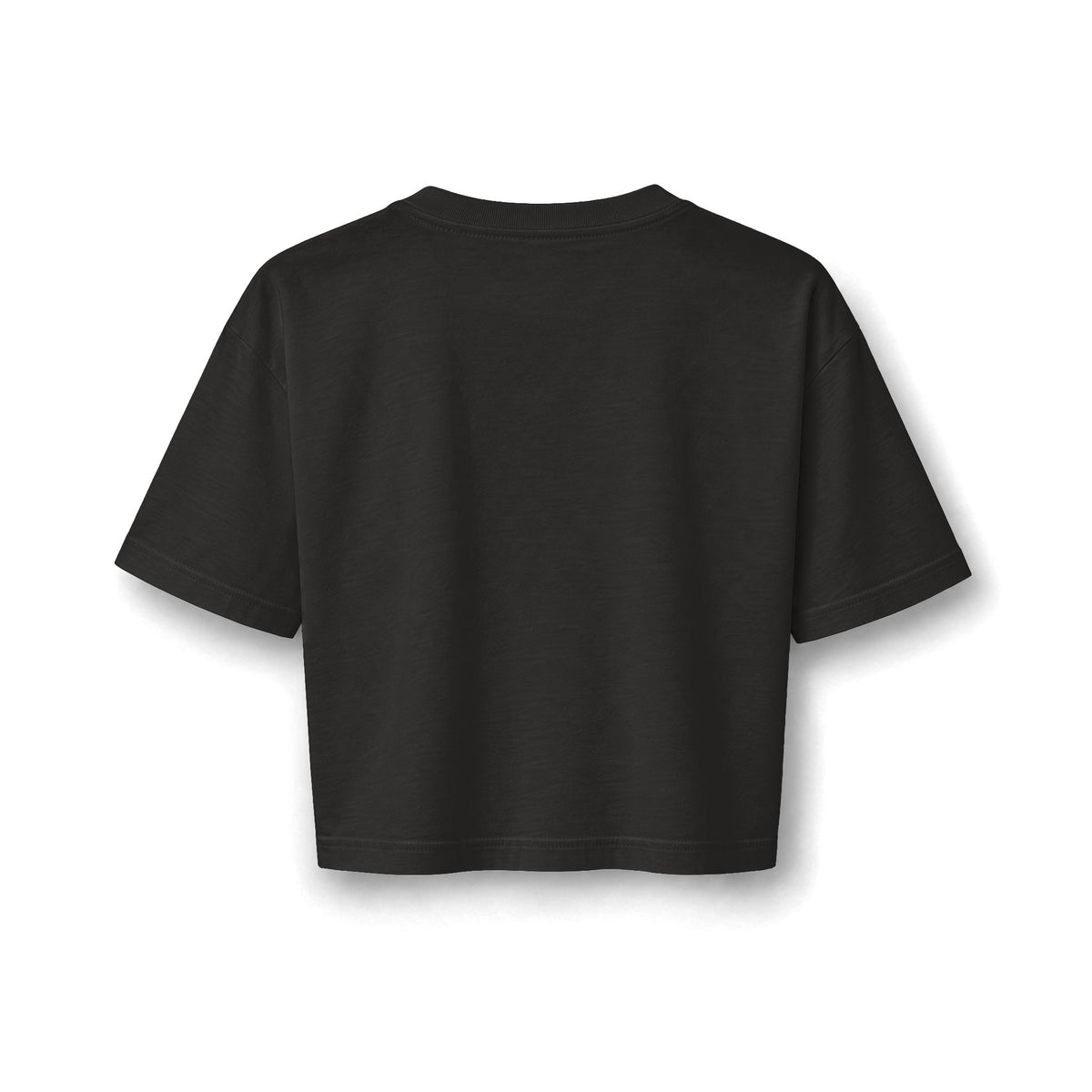 In Him Crop Tee, True Black, back view, IN HIM. MY STRENGTH IS IN HIM. DEFINITELY NOT IN MY KNEES. Habakkuk 3:19 (KJV)