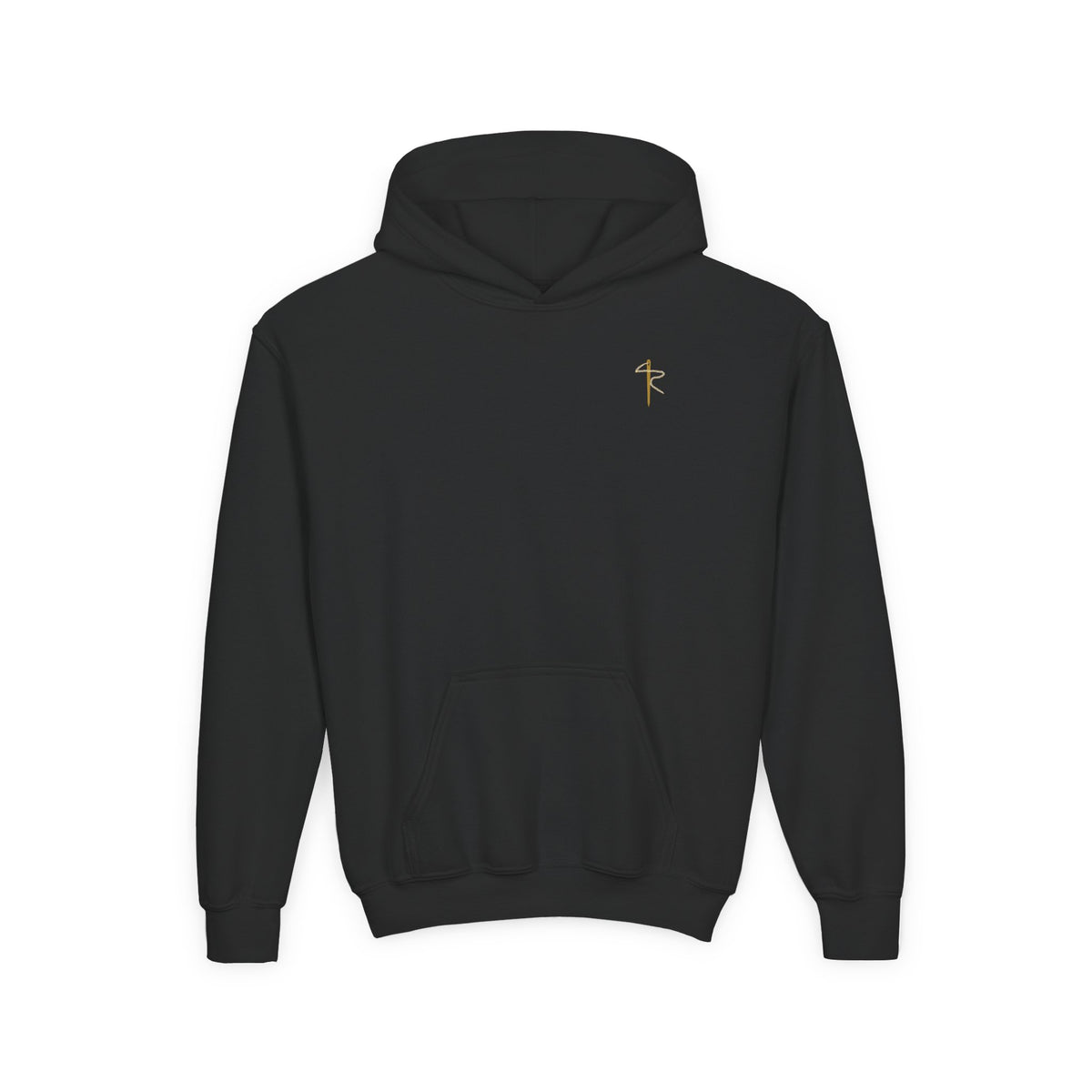 Child of God Youth Hoodie, kids' hoodie, Black, front view with small KPS badge on the chest, A CHILD OF GOD… STILL ASKING “ARE WE THERE YET?”, John 1:12 (KJV)