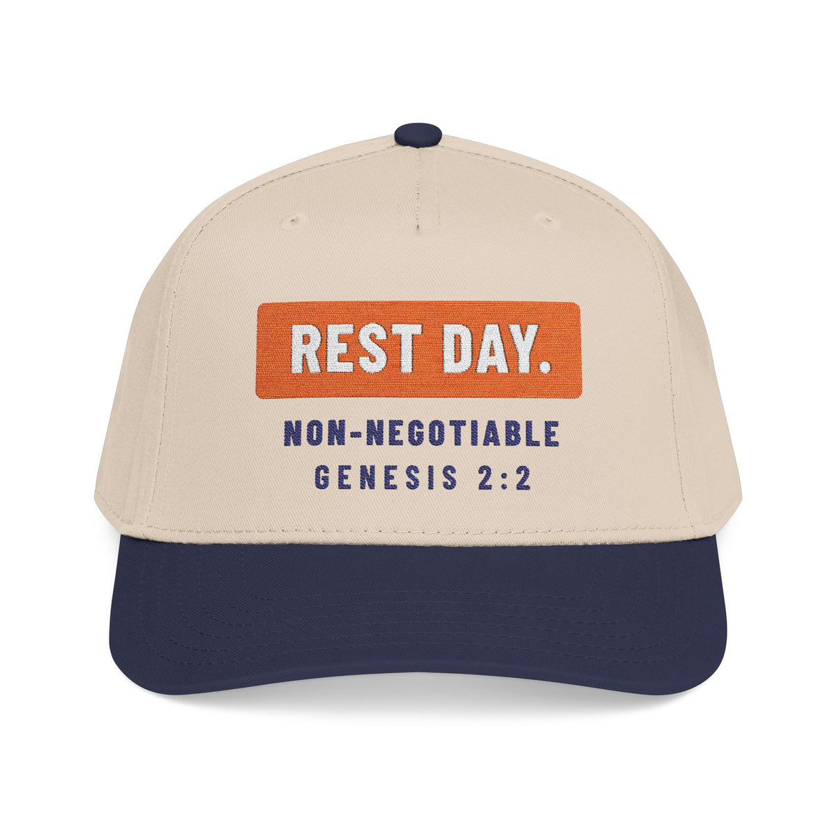Rest Day Cap, Navy / Natural, front view, REST DAY. NON-NEGOTIABLE. Genesis 2:2 (KJV)
