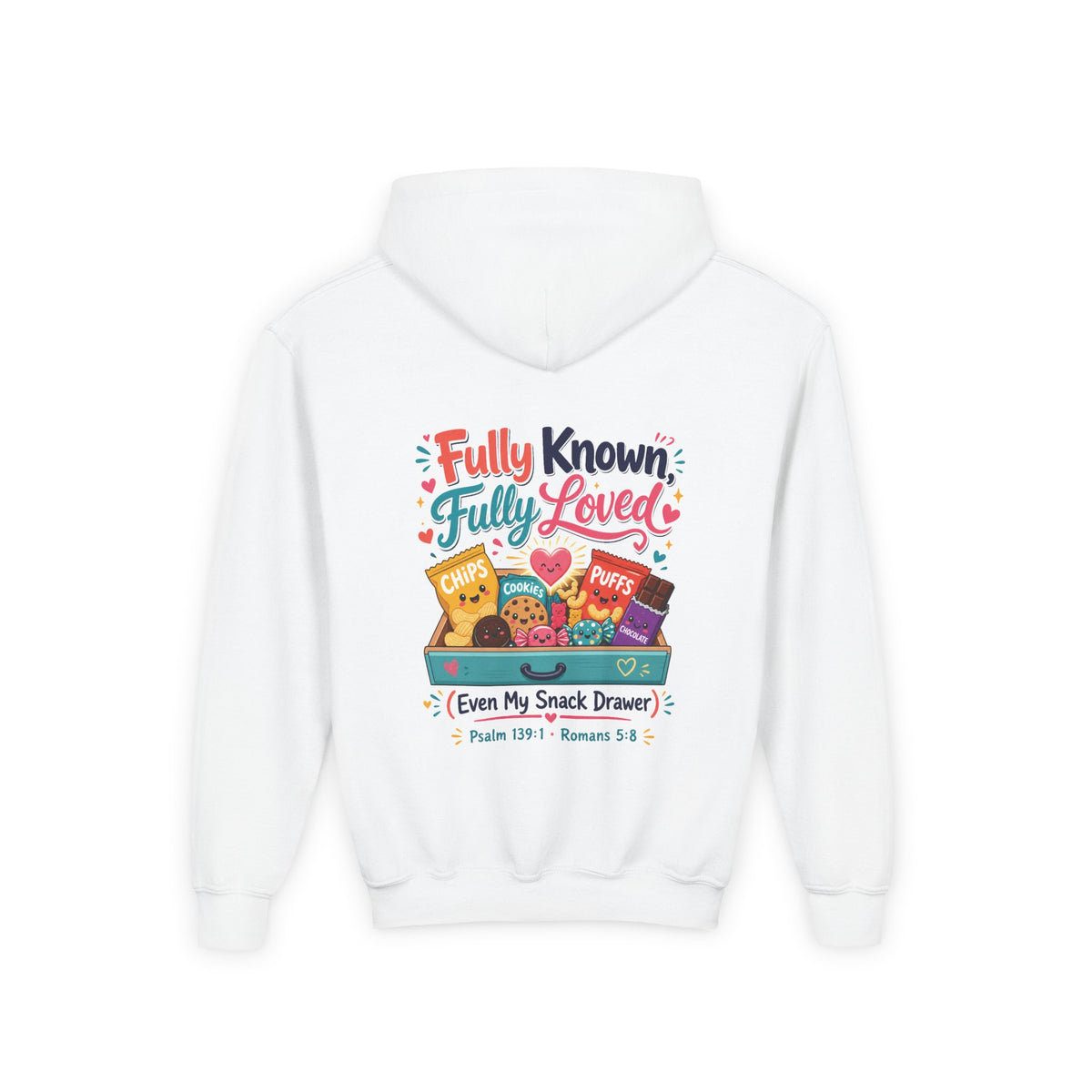 Fully Known Youth Hoodie, kids' hoodie, White, back view, FULLY KNOWN, FULLY LOVED., Psalm 139:1 (KJV)