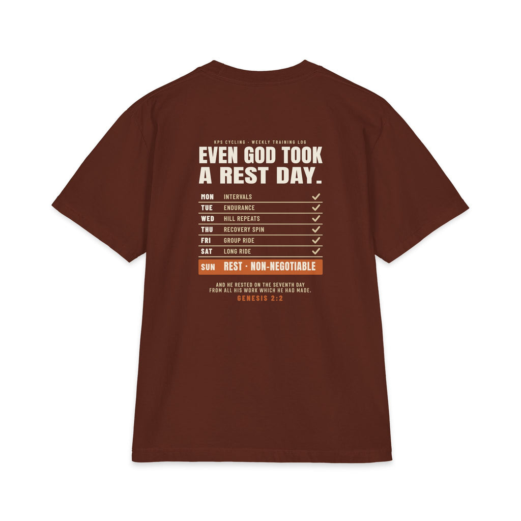 Even God Took a Rest Day Cycling Tee, Brown, back view, EVEN GOD TOOK A REST DAY. Genesis 2:2 (KJV)