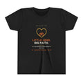 Little Legs, Big Faith Youth Tee, Black, front view, LITTLE LEGS. BIG FAITH. 2 Corinthians 12:9 (KJV)