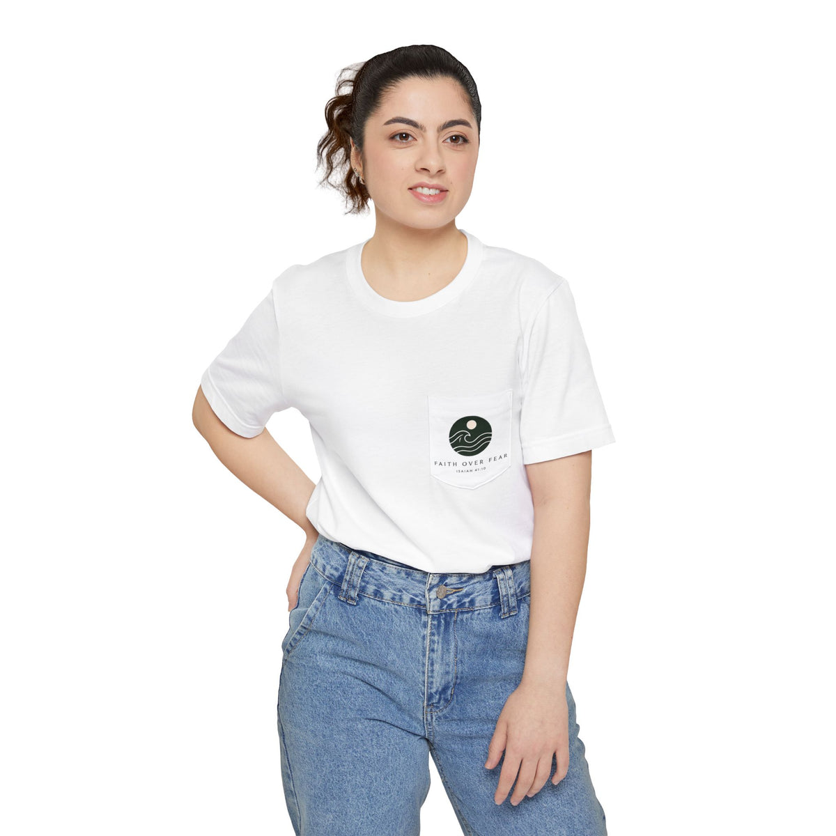 Earth and Moon Pocket Tee, t-shirt, White, front view, worn by a woman, THE HEAVENS DECLARE., Psalm 19:1 (KJV)