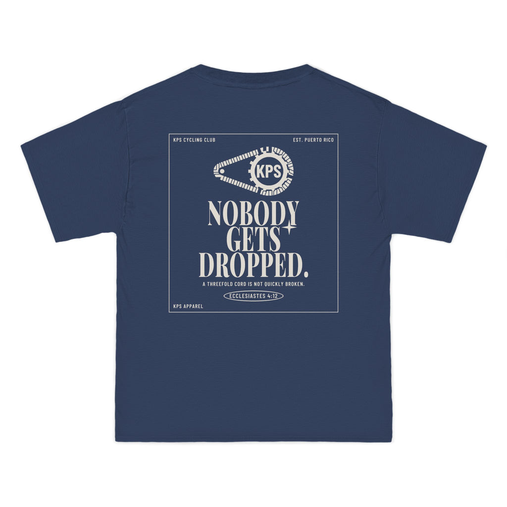 KPS Cycling Club Tee, Denim Blue, back view, KPS CYCLING CLUB. Ecclesiastes 4:12 (KJV)