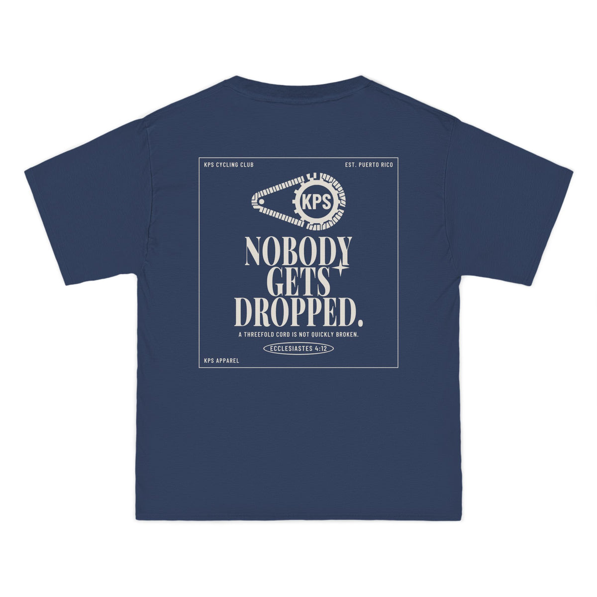 KPS Cycling Club Tee, Denim Blue, back view, KPS CYCLING CLUB. Ecclesiastes 4:12 (KJV)