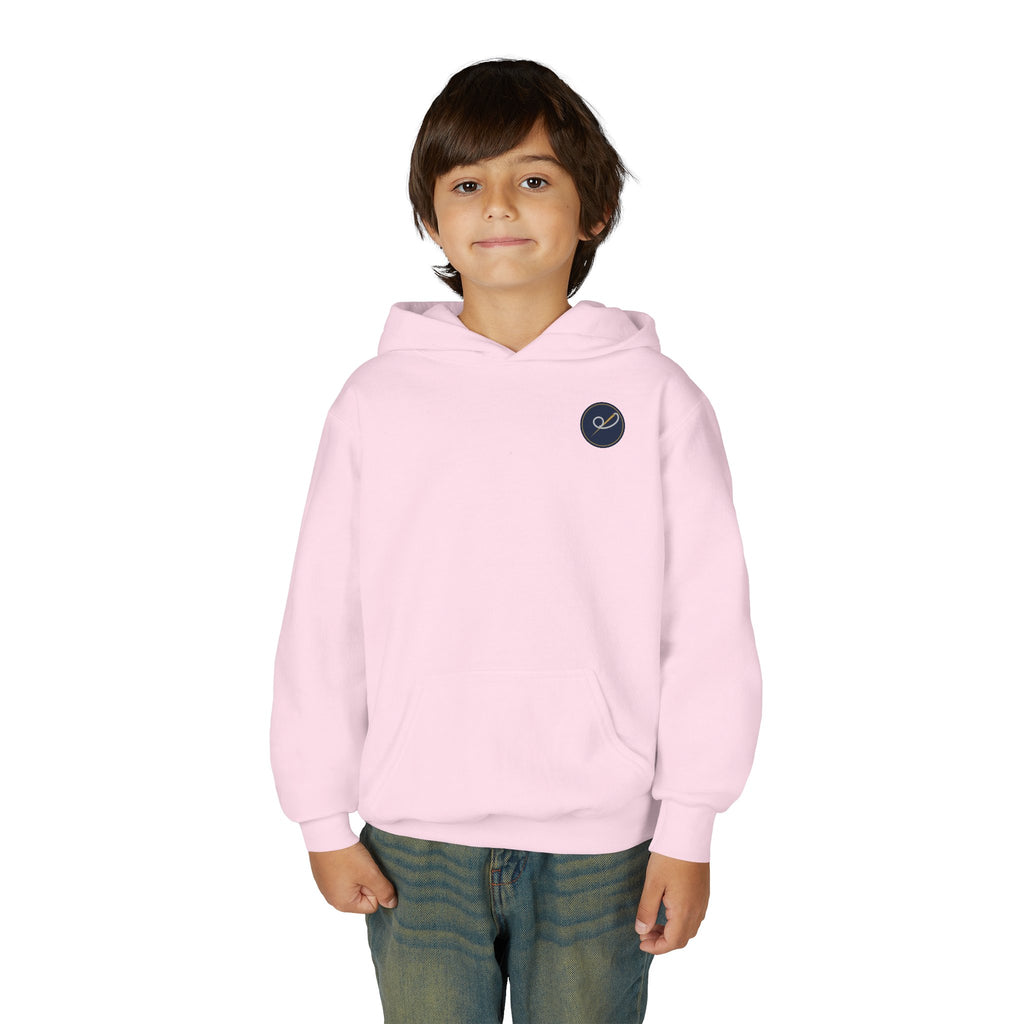 Child of God Youth Hoodie, kids' hoodie, Light Pink, front view, worn by a child, A CHILD OF GOD… STILL ASKING “ARE WE THERE YET?”, 1 John 3:2 (KJV)