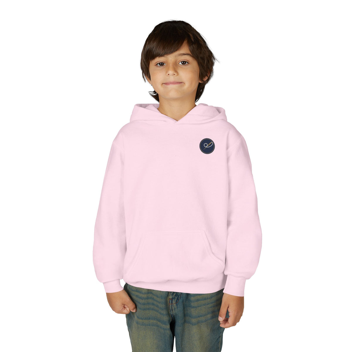 Child of God Youth Hoodie, kids' hoodie, Light Pink, front view, worn by a child, A CHILD OF GOD… STILL ASKING “ARE WE THERE YET?”, 1 John 3:2 (KJV)