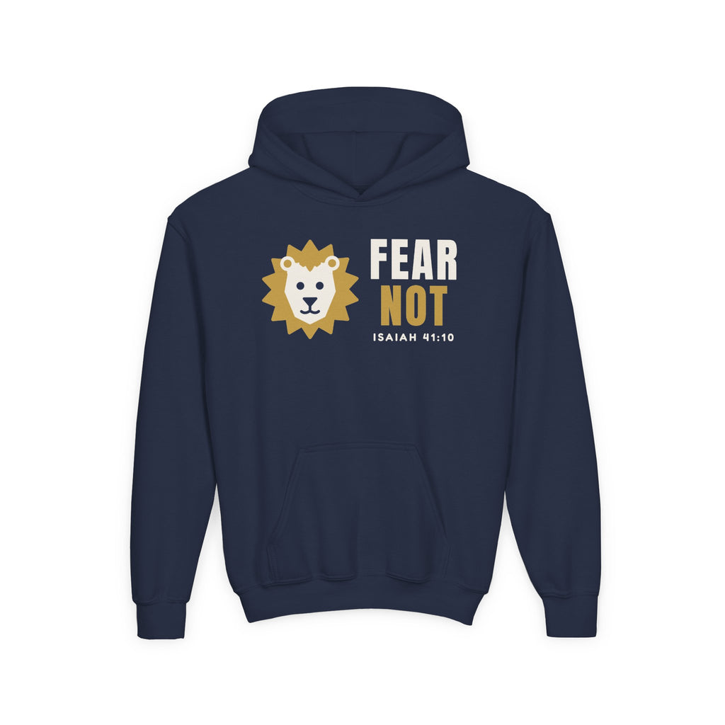 Fear Not Lion Youth Hoodie, kids hoodie, Navy, front view, FEAR NOT., Isaiah 41:10 (KJV)