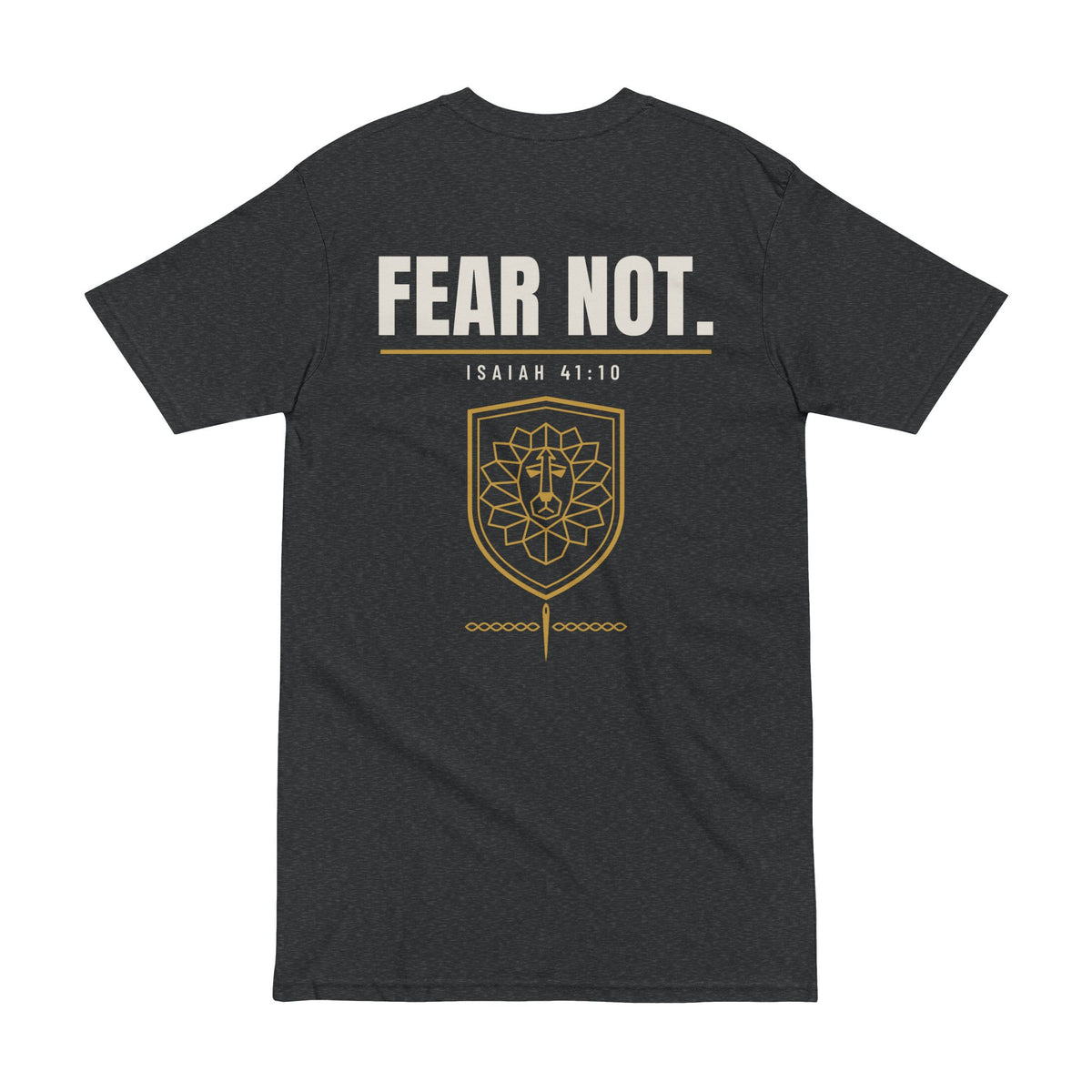 Fear Not Lion Tee, t-shirt, Charcoal Heather, back view, FEAR NOT., Isaiah 41:10 (KJV)