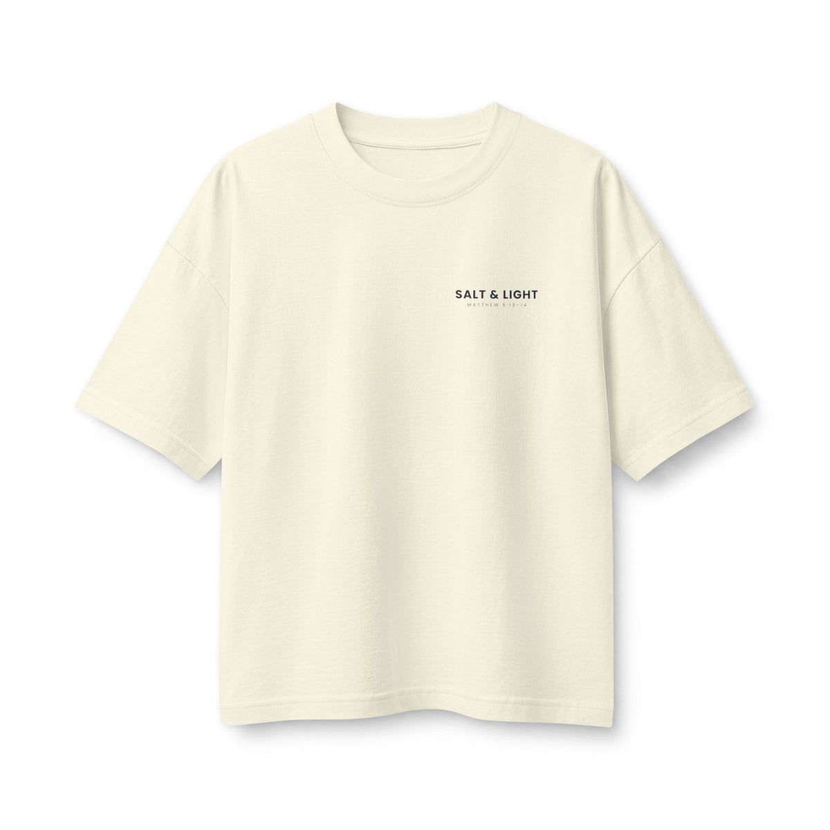 Salt & Light Women's Boxy Tee, Natural, front view, small chest print, SALT & LIGHT., Matthew 5:13–14 (KJV)