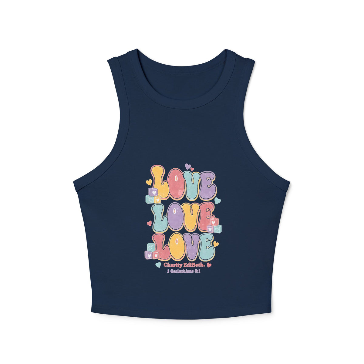 Love Love Love Tank, tank top, Solid Navy Blend, front view, LOVE, LOVE, LOVE., 1 Corinthians 8:1 (KJV)
