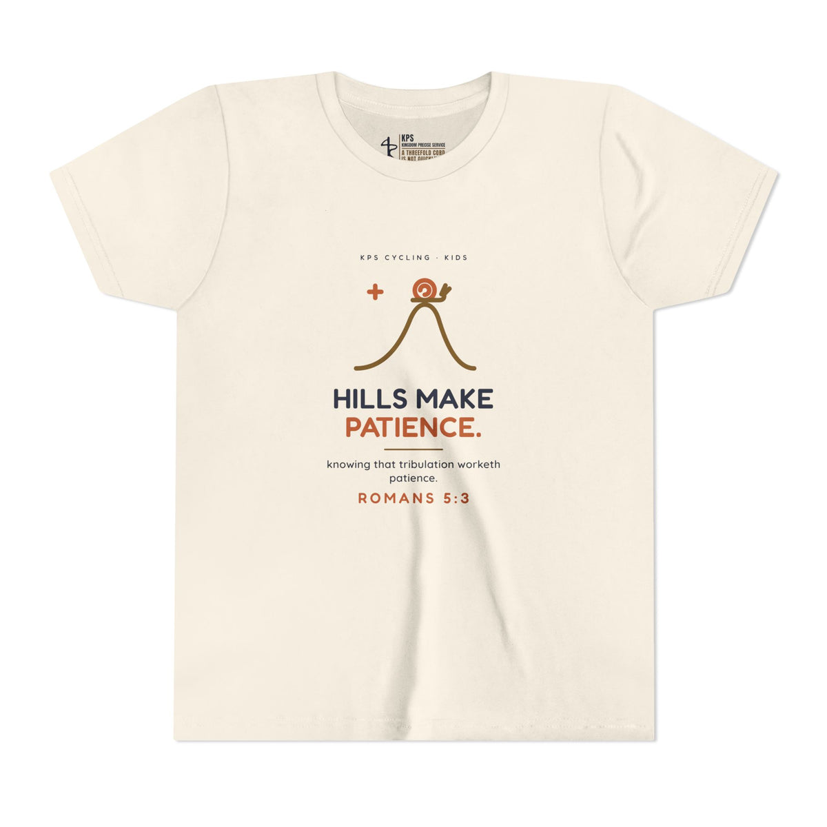 Hills Make Patience Youth Tee, Natural, front view, HILLS MAKE PATIENCE., Romans 5:3 (KJV)
