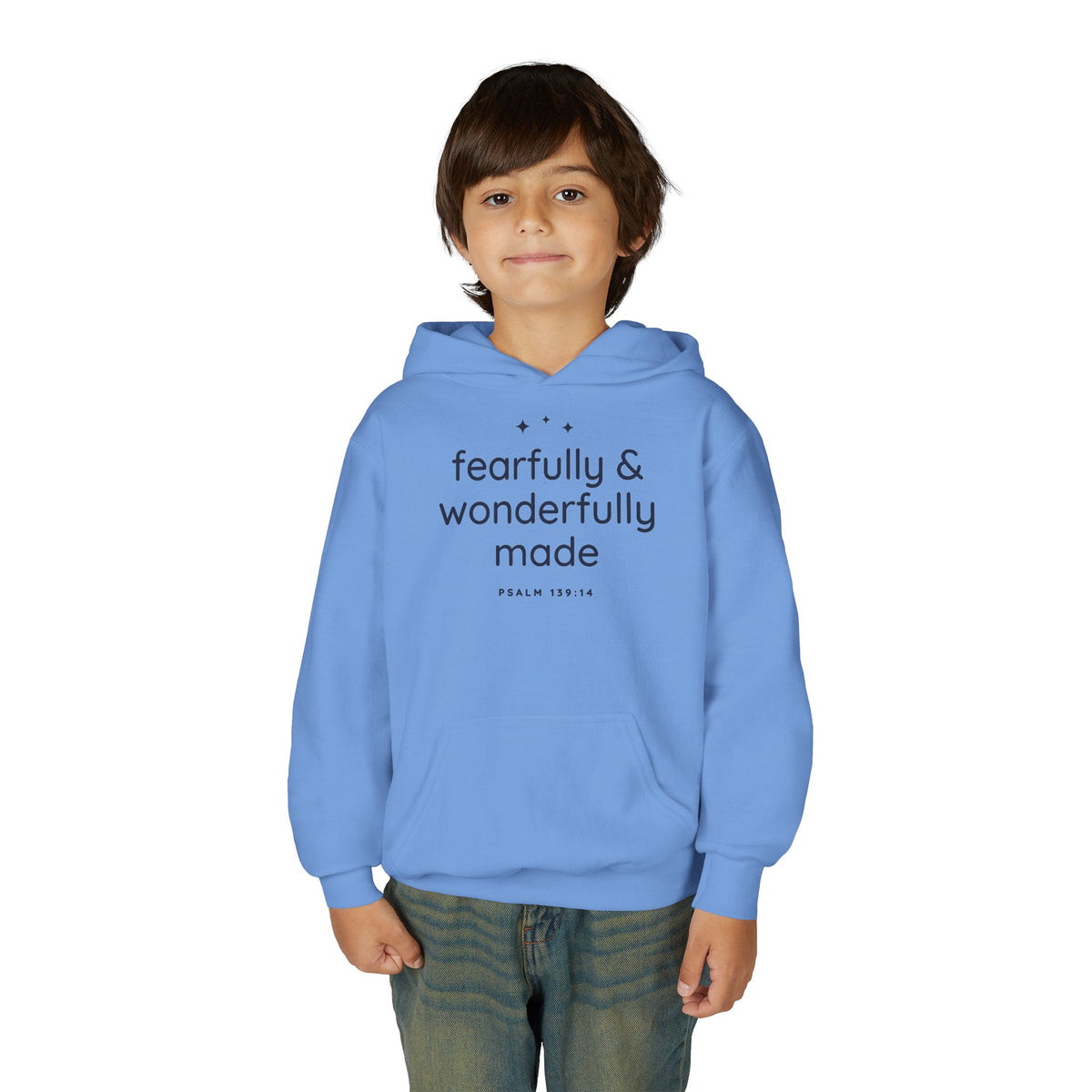 Fearfully & Wonderfully Made Youth Hoodie, youth hoodie, Carolina Blue, front view, worn by a boy, FEARFULLY & WONDERFULLY MADE., Psalm 139:14 (KJV)