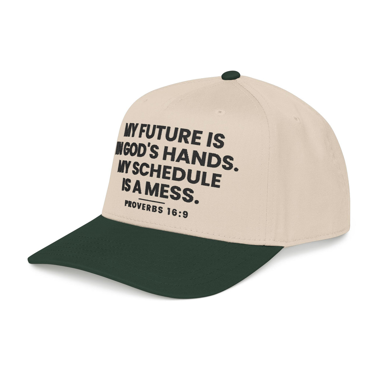 God's Hands Cap, Dark Green/Natural, side view, MY FUTURE IS IN GOD'S HANDS. MY SCHEDULE IS A MESS., Proverbs 16:9 (KJV)