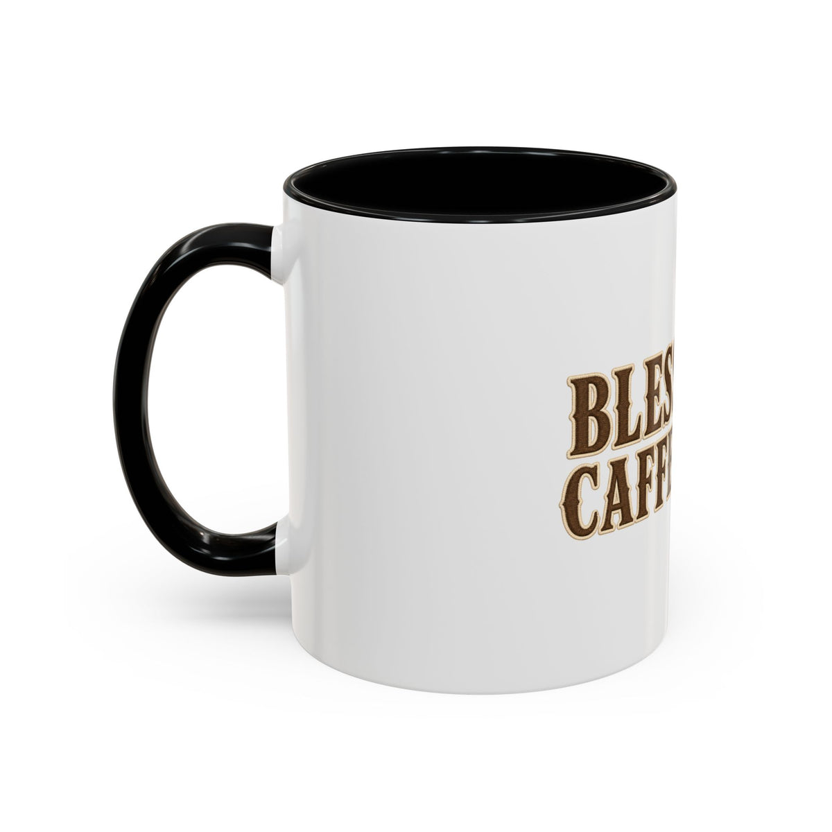 Blessed & Caffeinated Mug, mug, Black inside and handle, handle on the left, BLESSED & CAFFEINATED., Lamentations 3:22–23 (KJV)
