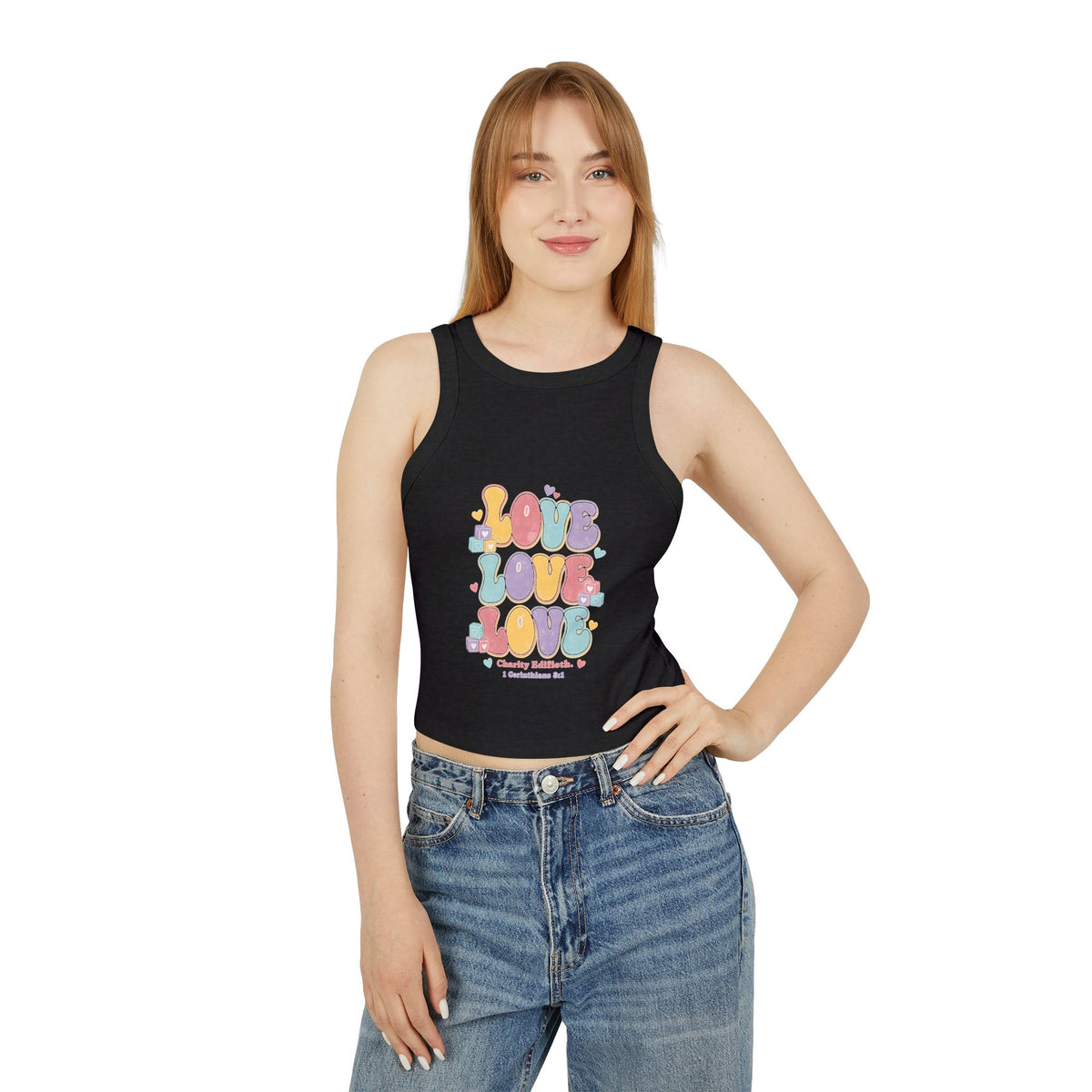 Love Love Love Tank, tank top, Solid Black Blend, front view, worn by a woman, LOVE, LOVE, LOVE., 1 Corinthians 8:1 (KJV)