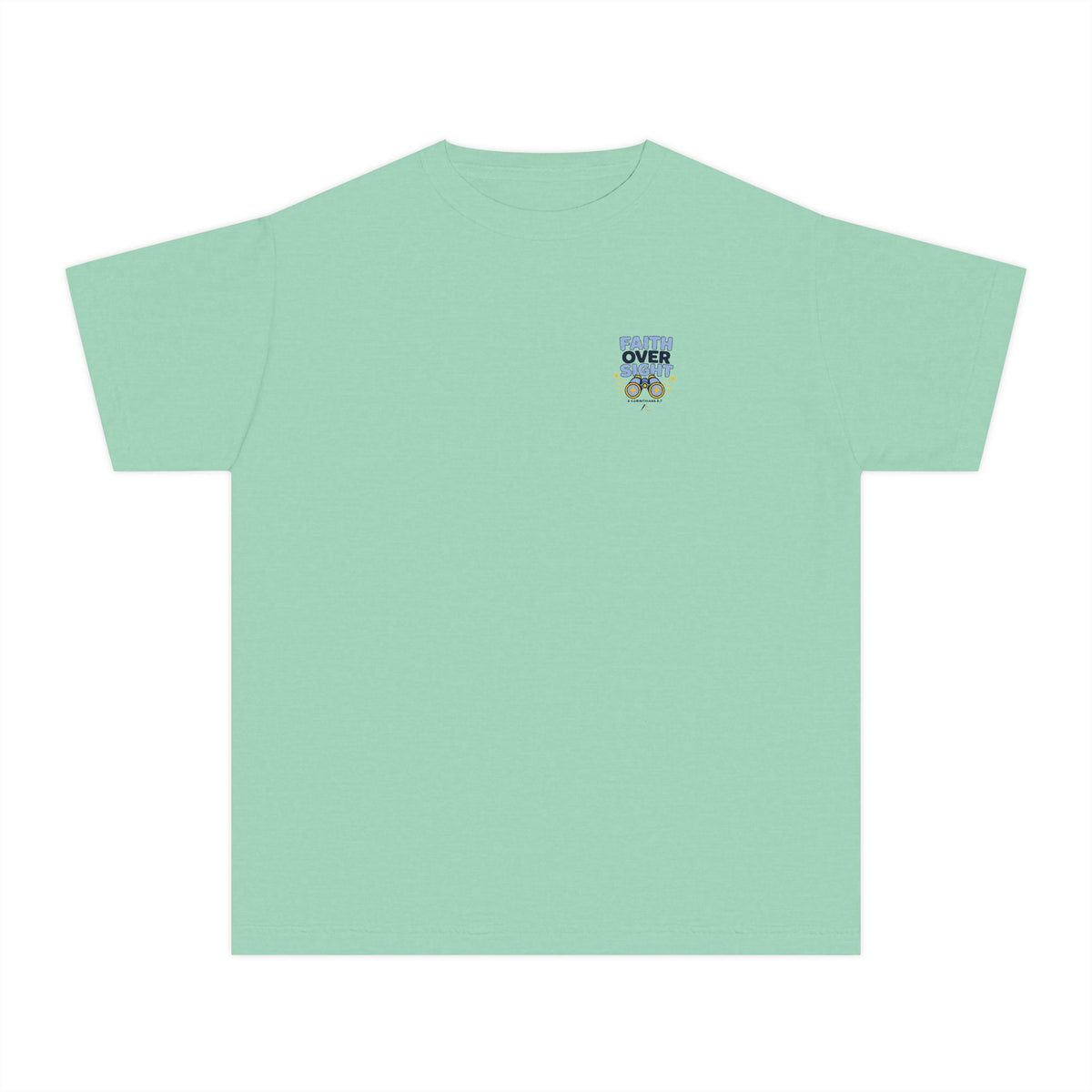 Faith Over Sight Youth Tee in Island Reef, front view: small FAITH OVER SIGHT. binoculars chest print, 2 Corinthians 5:7 (KJV)
