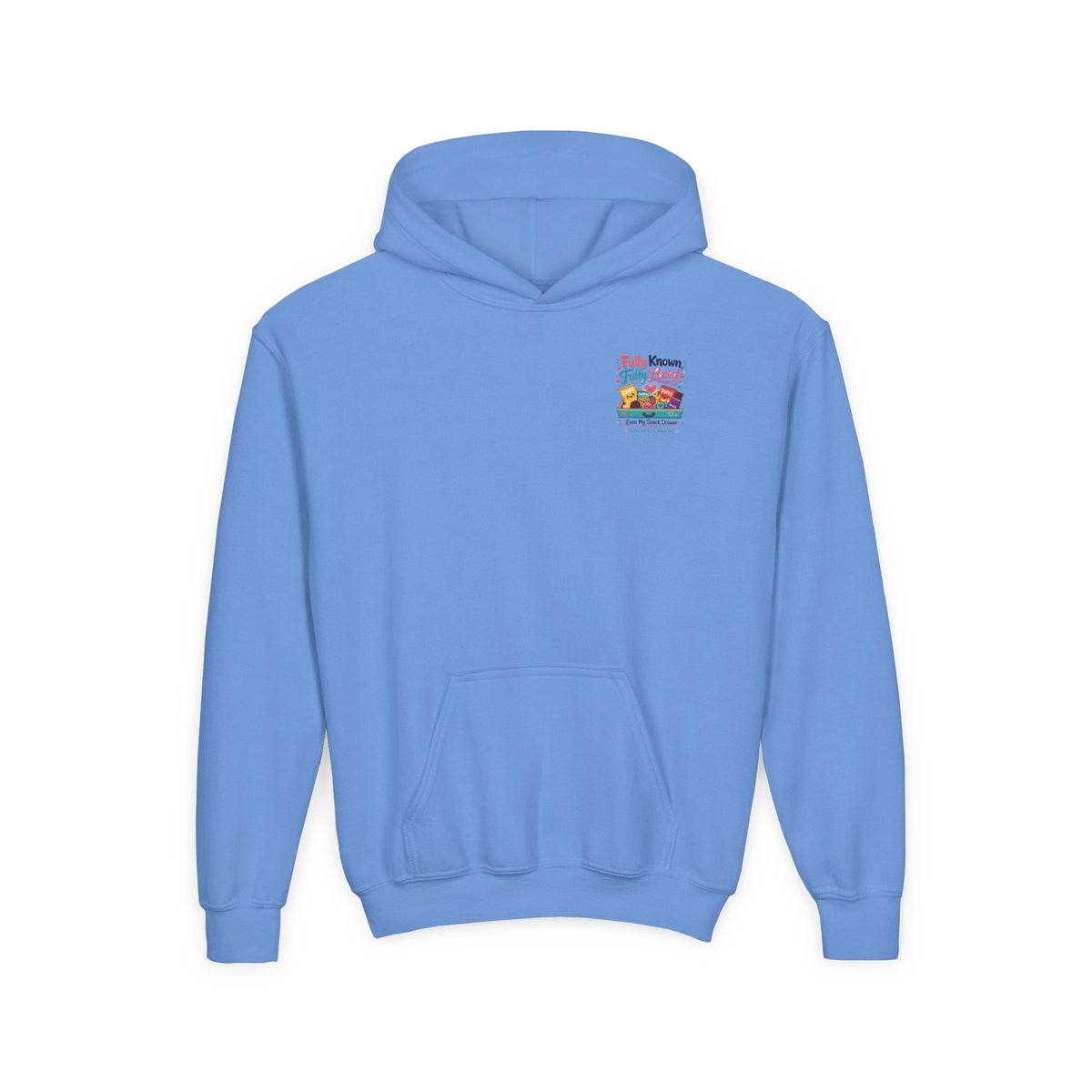 Fully Known Youth Hoodie, kids' hoodie, Carolina Blue, front view, FULLY KNOWN, FULLY LOVED., Psalm 139:1 (KJV)