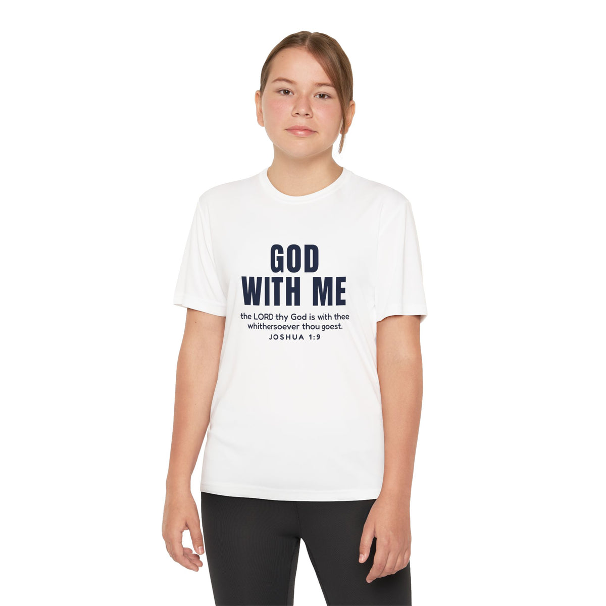God With Me Youth Tee, youth tee, White, front view, worn by a girl, GOD WITH ME front with 'the LORD thy God is with thee whithersoever thou goest', Joshua 1:9 (KJV)