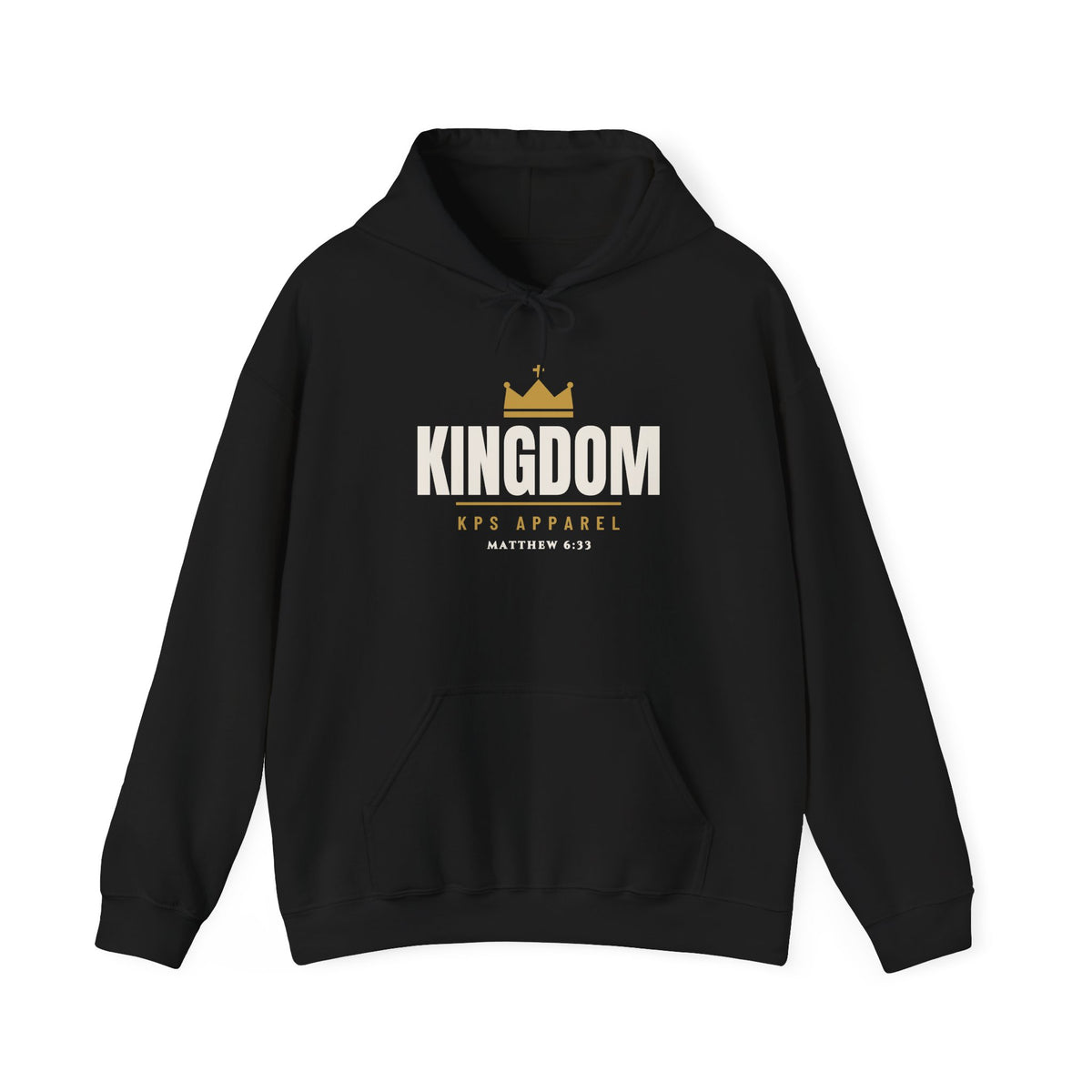 Seek First Hoodie in Black, front view: KINGDOM with gold crown, KPS APPAREL and MATTHEW 6:33 chest print, Matthew 6:33 (KJV)