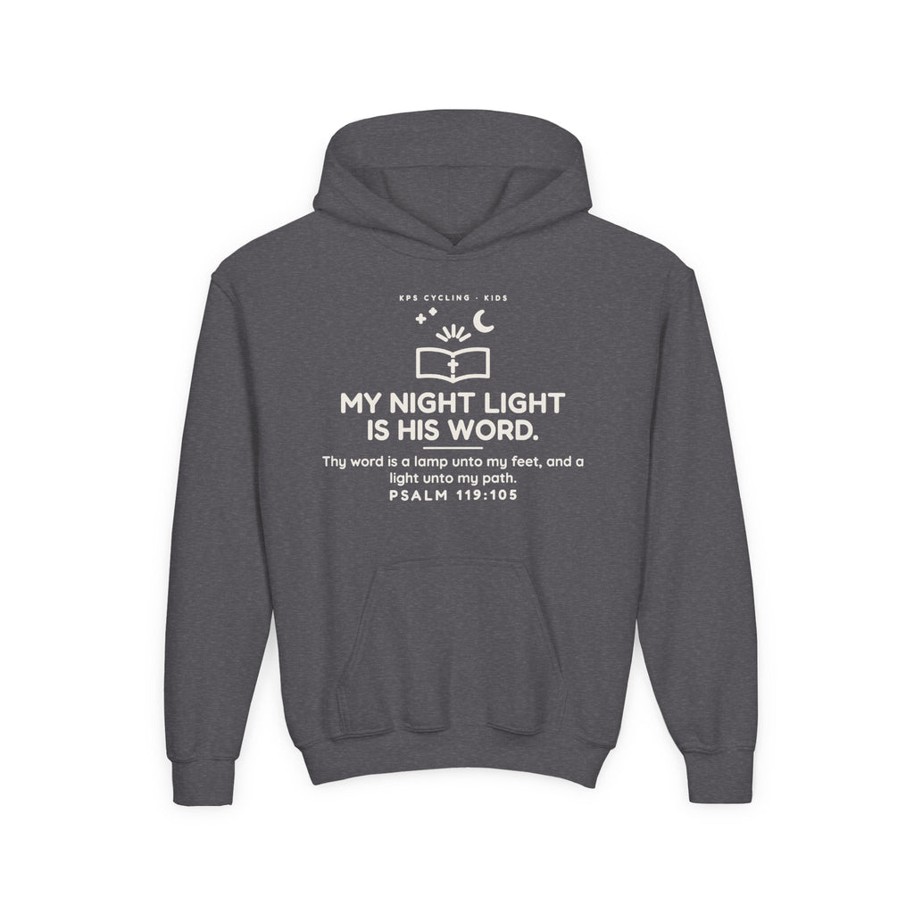 My Night Light Is His Word Youth Hoodie, Dark Heather, front view, MY NIGHT LIGHT IS HIS WORD. Psalm 119:105 (KJV)