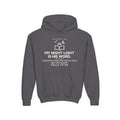 My Night Light Is His Word Youth Hoodie, Dark Heather, front view, MY NIGHT LIGHT IS HIS WORD. Psalm 119:105 (KJV)