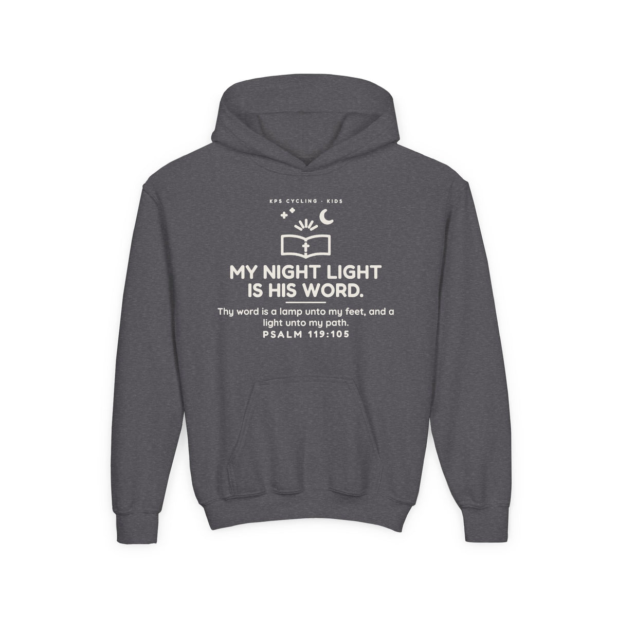 My Night Light Is His Word Youth Hoodie, Dark Heather, front view, MY NIGHT LIGHT IS HIS WORD. Psalm 119:105 (KJV)