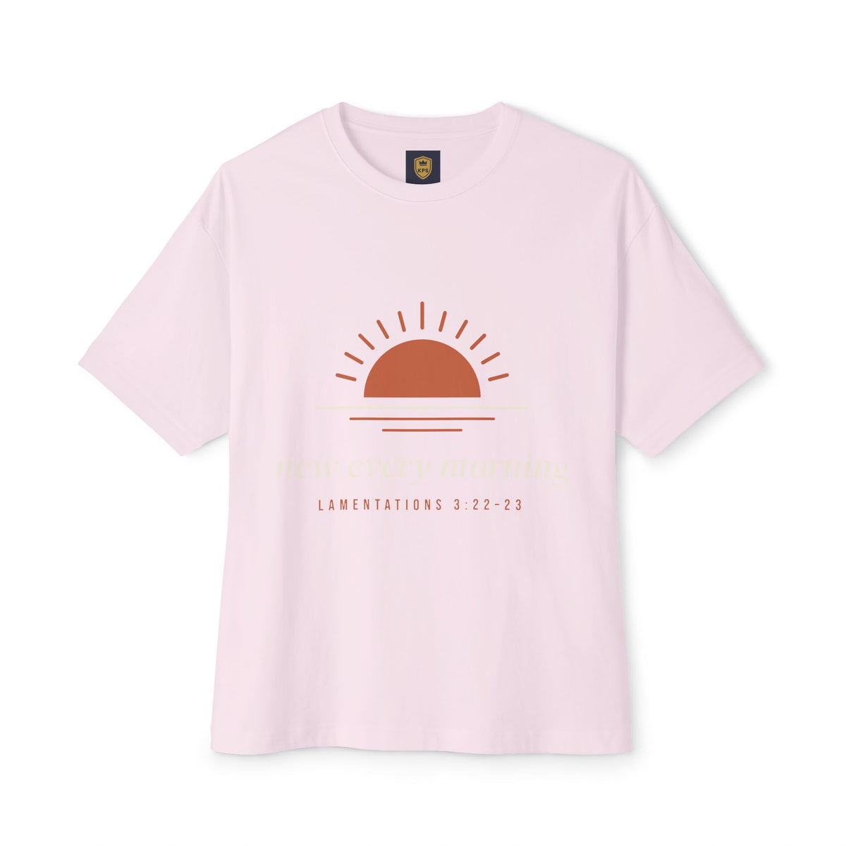 New Every Morning Tee, t-shirt, Pink, front view, NEW EVERY MORNING., Lamentations 3:22–23 (KJV)