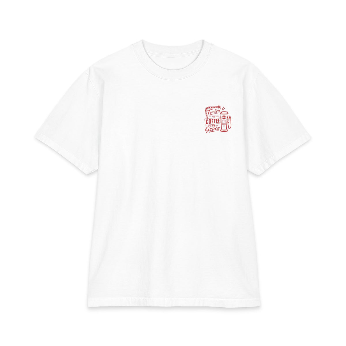 Fueled by Coffee & Grace Tee, t-shirt, White, front view, FUELED BY COFFEE & GRACE., 2 Corinthians 12:9 (KJV)