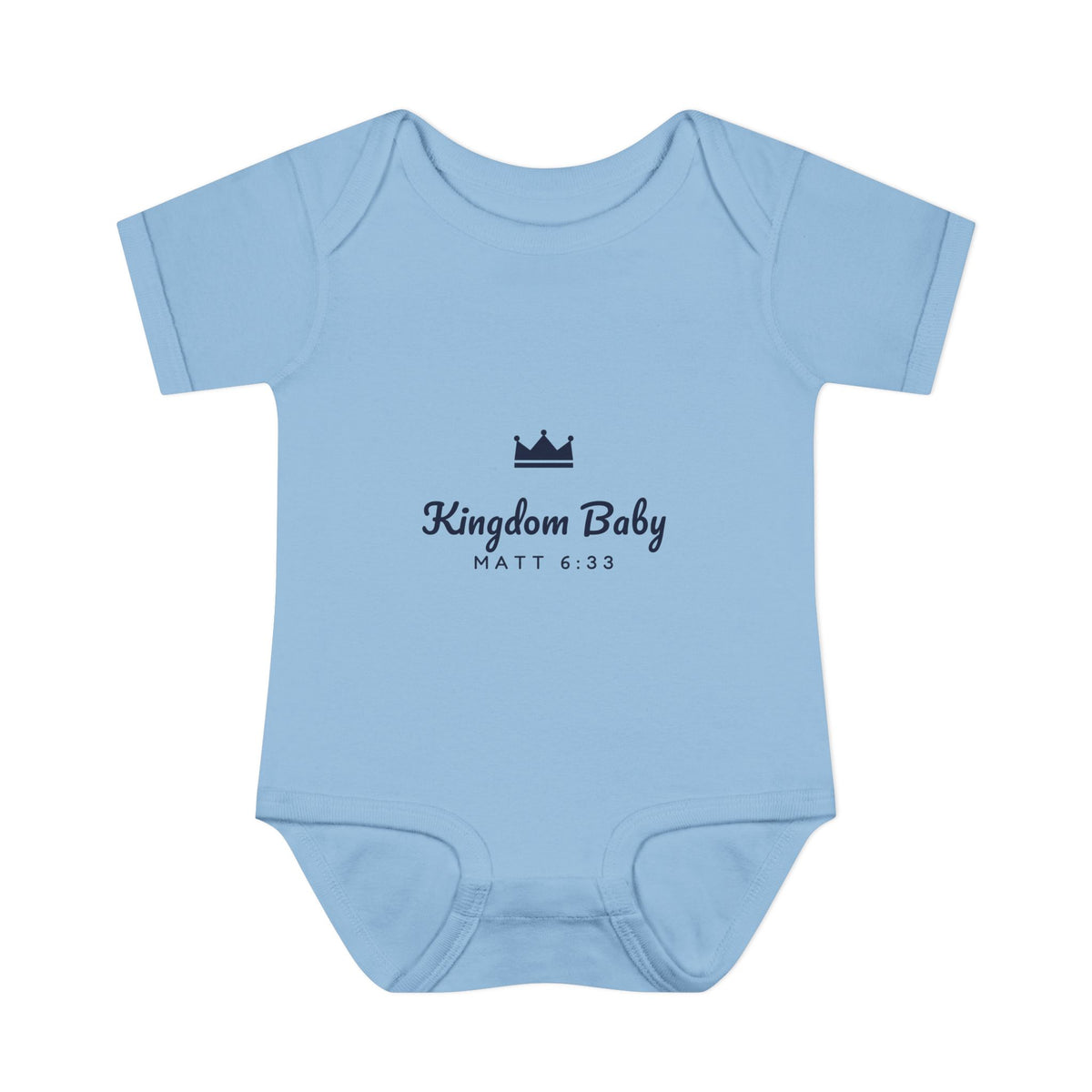 Kingdom Baby Bodysuit, baby bodysuit, Light Blue, front view, KINGDOM BABY with gold crown, Matthew 6:33 (KJV)