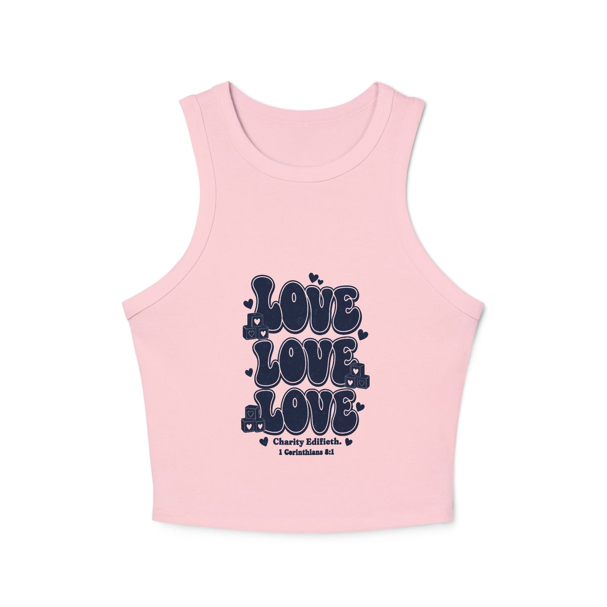 Love Love Love Tank, tank top, Solid Pink Blend, front view, LOVE, LOVE, LOVE., 1 Corinthians 8:1 (KJV)