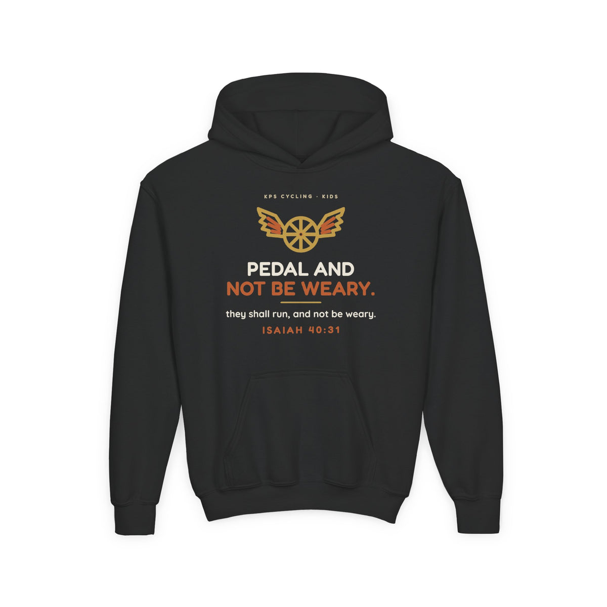 Pedal and Not Be Weary Youth Hoodie, Black, front view, PEDAL AND NOT BE WEARY. Isaiah 40:31 (KJV)