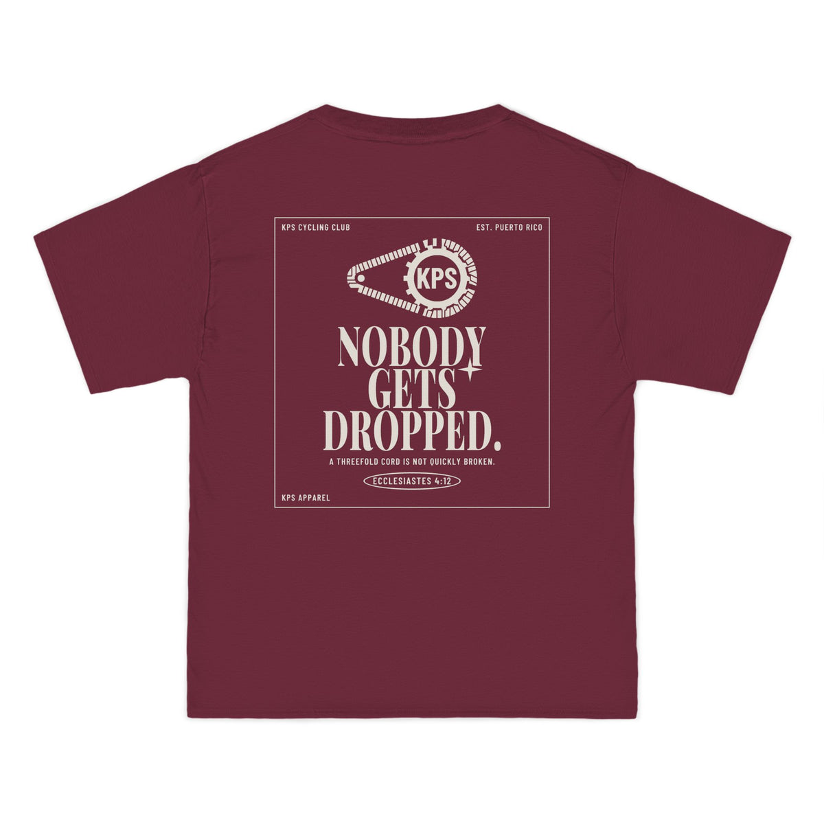 KPS Cycling Club Tee, Maroon, back view, KPS CYCLING CLUB. Ecclesiastes 4:12 (KJV)