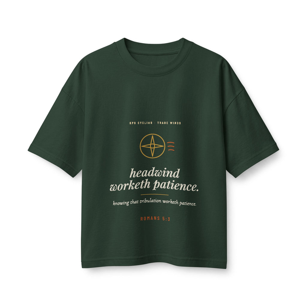 Headwind Worketh Patience Women's Boxy Tee, Forest, front view, HEADWIND WORKETH PATIENCE. Romans 5:3 (KJV)