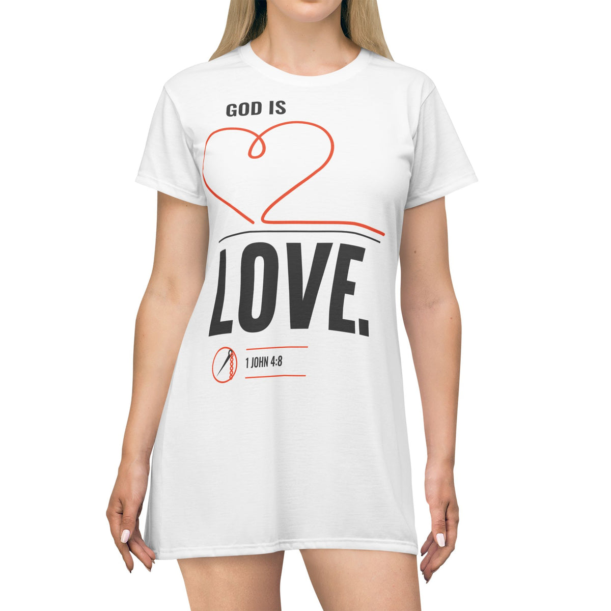 God Is Love Tee Dress, t-shirt dress, White, front view, worn by a woman, GOD IS LOVE., 1 John 4:8 (KJV)