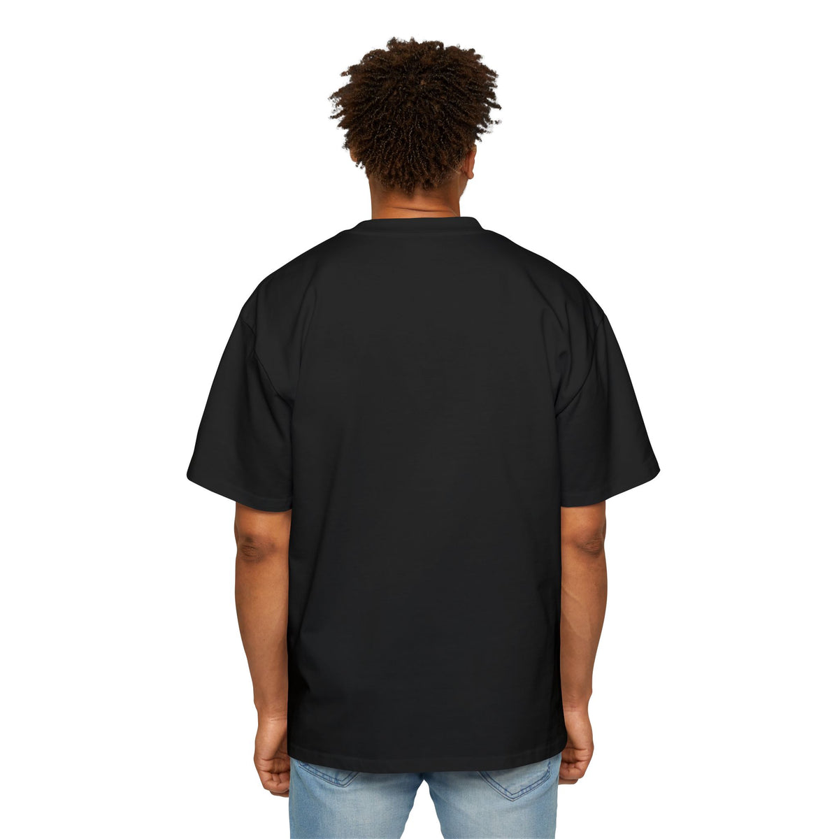 MT 6:33 Oversized Tee in Black, worn by a man, back view (plain back)
