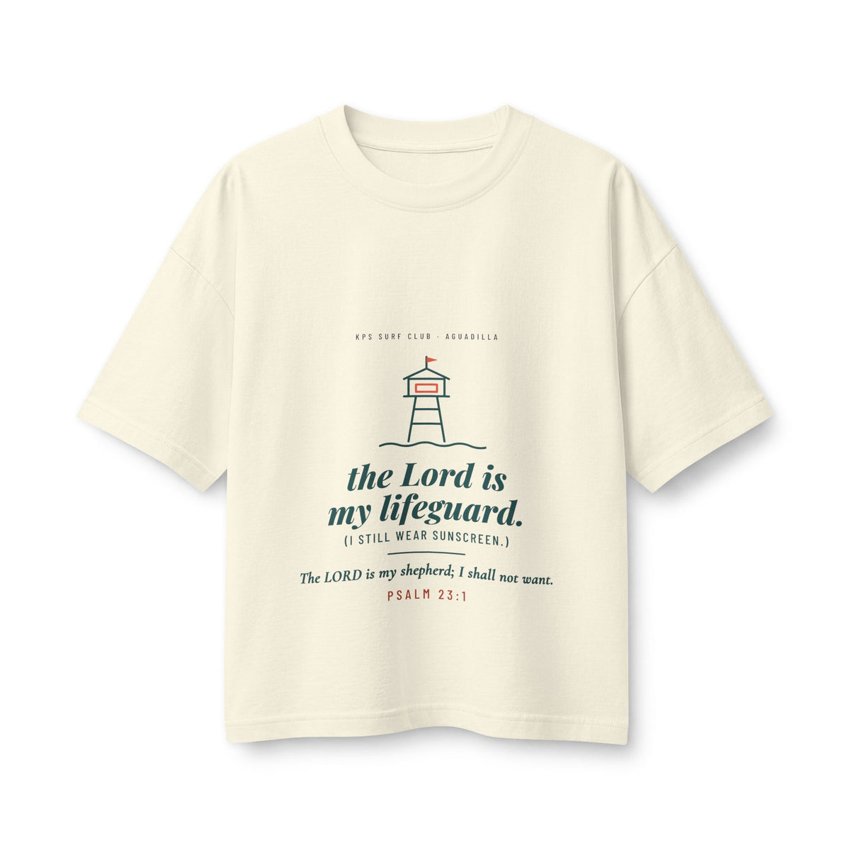 The Lord Is My Lifeguard Women's Boxy Tee, Natural, front view, THE LORD IS MY LIFEGUARD. (I STILL WEAR SUNSCREEN.) Psalm 23:1 (KJV)