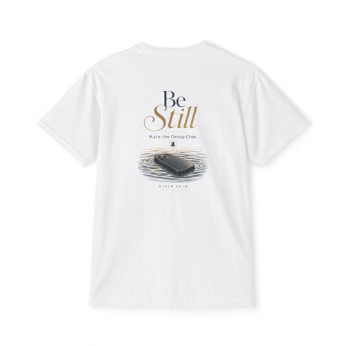 Be Still Pocket Tee, t-shirt, White, back view, BE STILL., Psalm 46:10 (KJV)