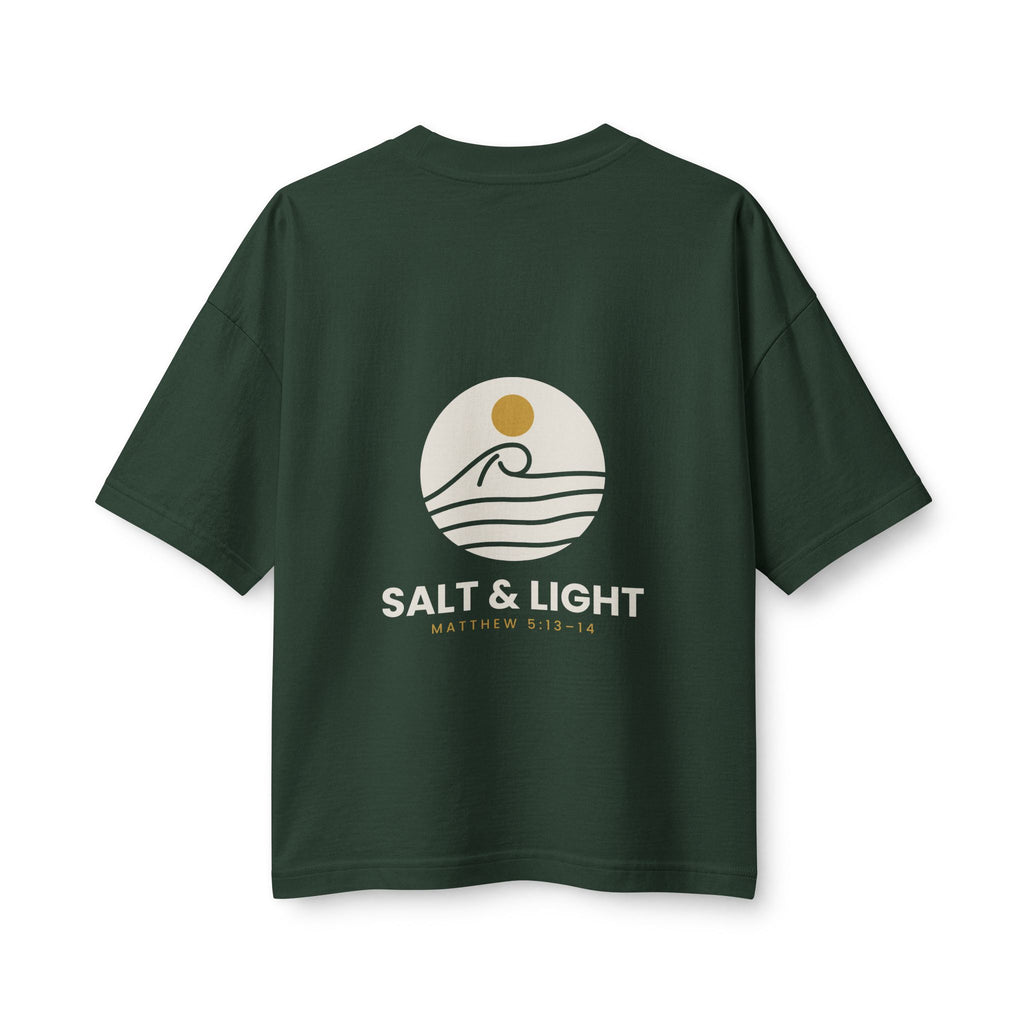 Salt & Light Women's Boxy Tee, Forest, back view, SALT & LIGHT., Matthew 5:13–14 (KJV)