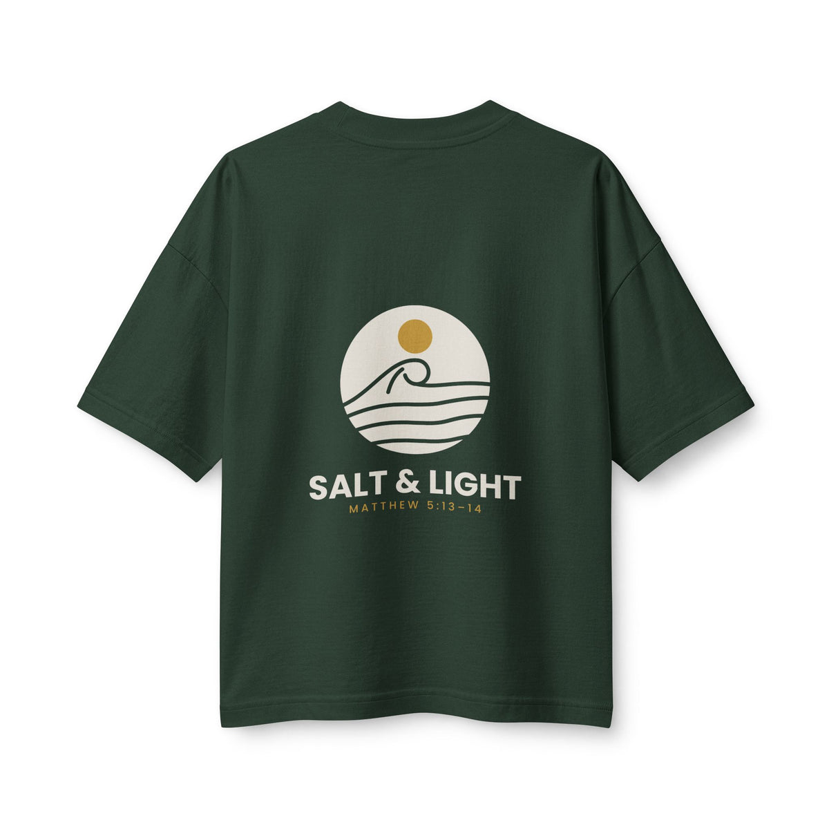 Salt & Light Women's Boxy Tee, Forest, back view, SALT & LIGHT., Matthew 5:13–14 (KJV)