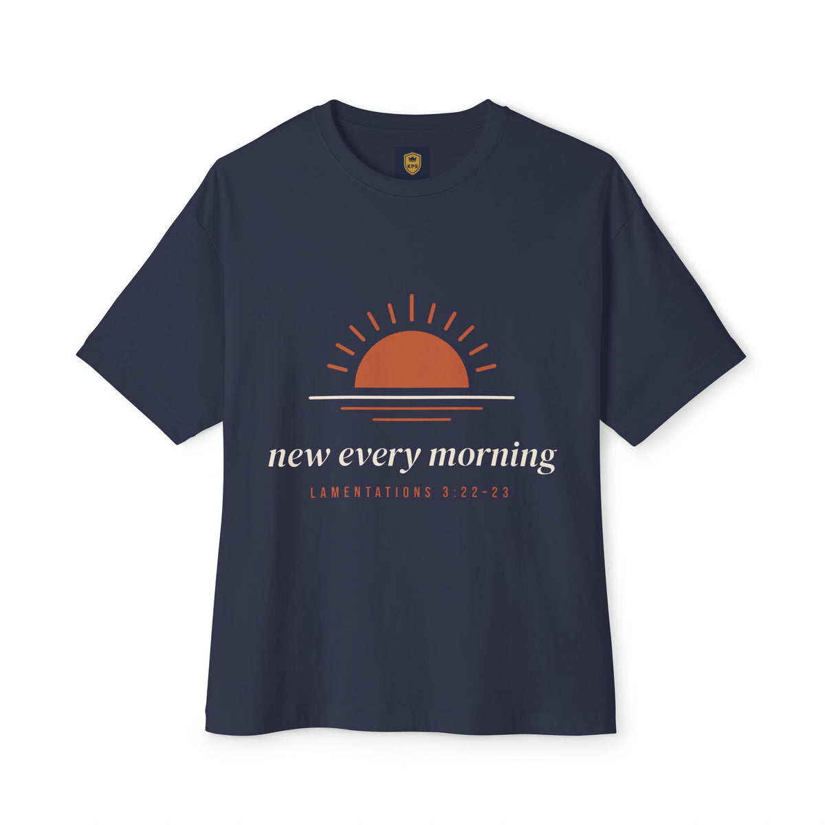 New Every Morning Tee, t-shirt, Navy, front view, NEW EVERY MORNING., Lamentations 3:22–23 (KJV)