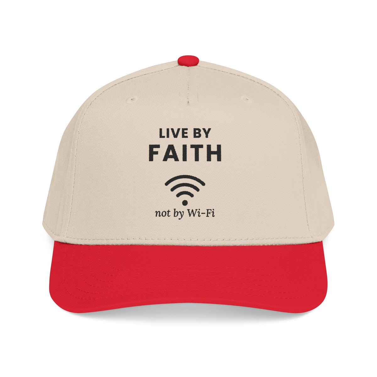 Not by Wi-Fi Cap in Natural with Red brim, front view: LIVE BY FAITH, Wi-Fi icon, not by Wi-Fi front print, Habakkuk 2:4 (KJV)