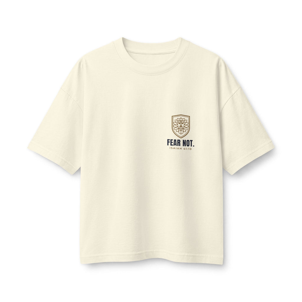Fear Not Lion Women's Boxy Tee, Natural, front view, small chest print, FEAR NOT., Isaiah 41:10 (KJV)