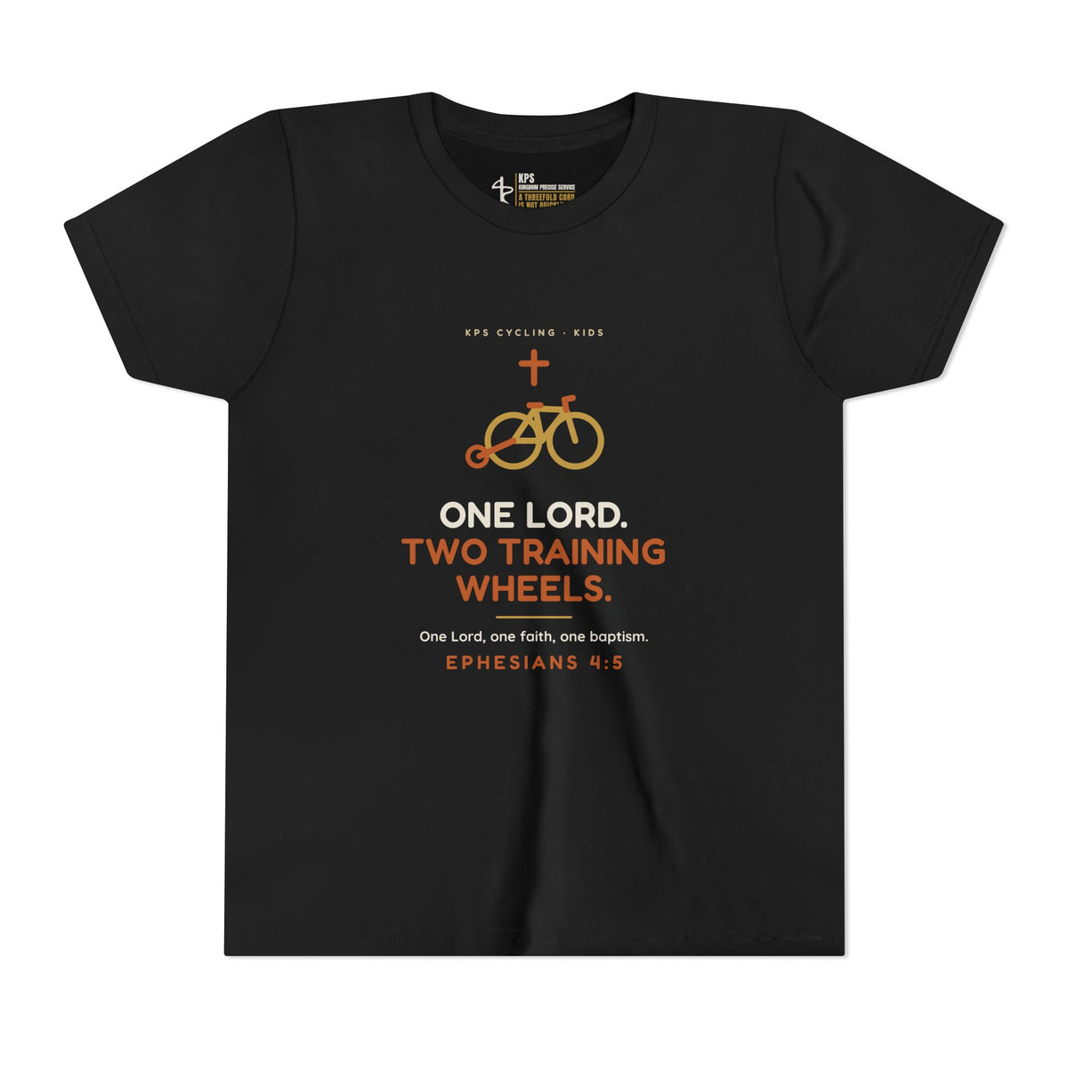 One Lord, Two Training Wheels Youth Tee, Black, front view, ONE LORD. TWO TRAINING WHEELS., Ephesians 4:5 (KJV)